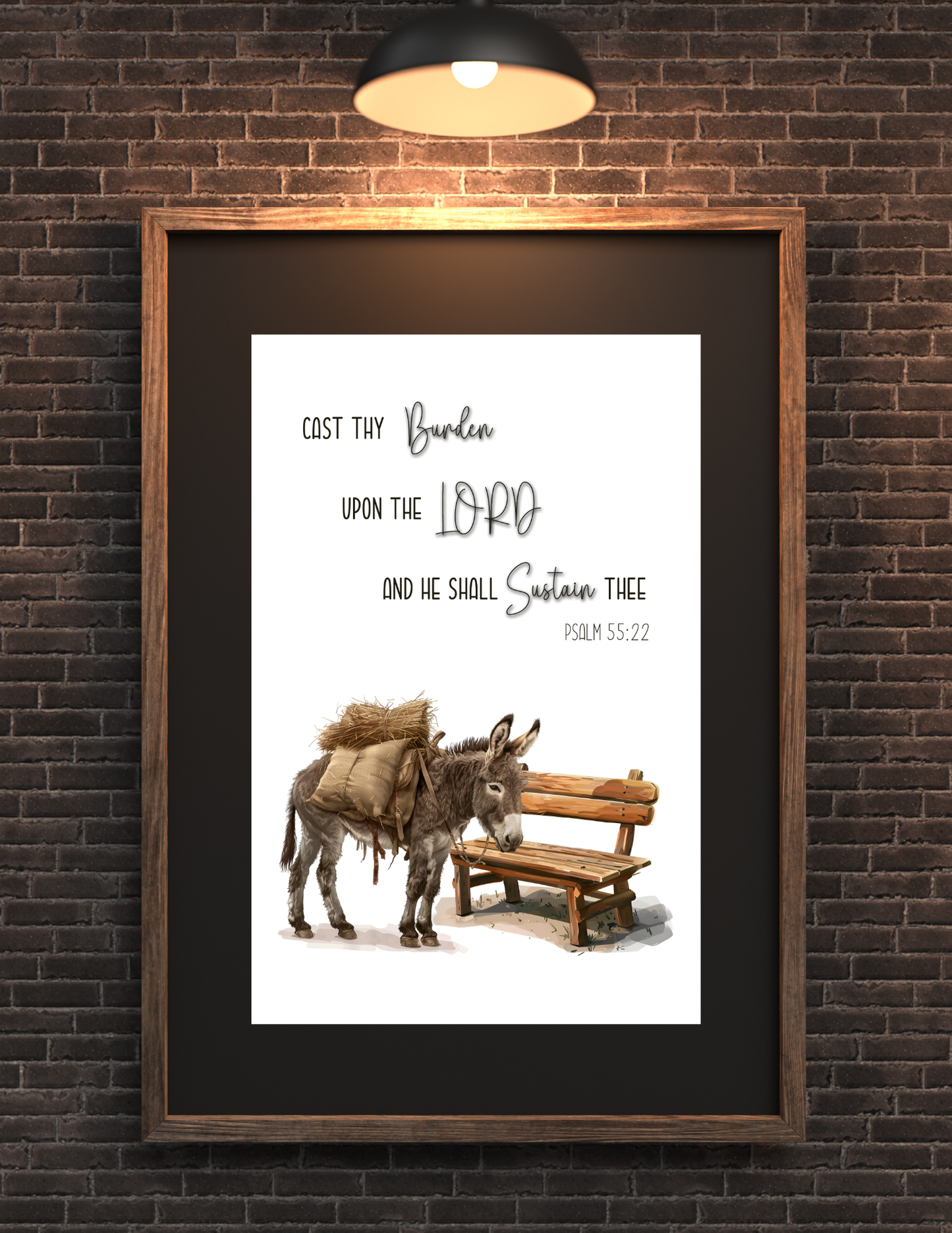 Psalm 55:22 Wall Art Cast Thy Burden Upon the Lord and He Shall Sustain Thee Rustic Donkey Bench