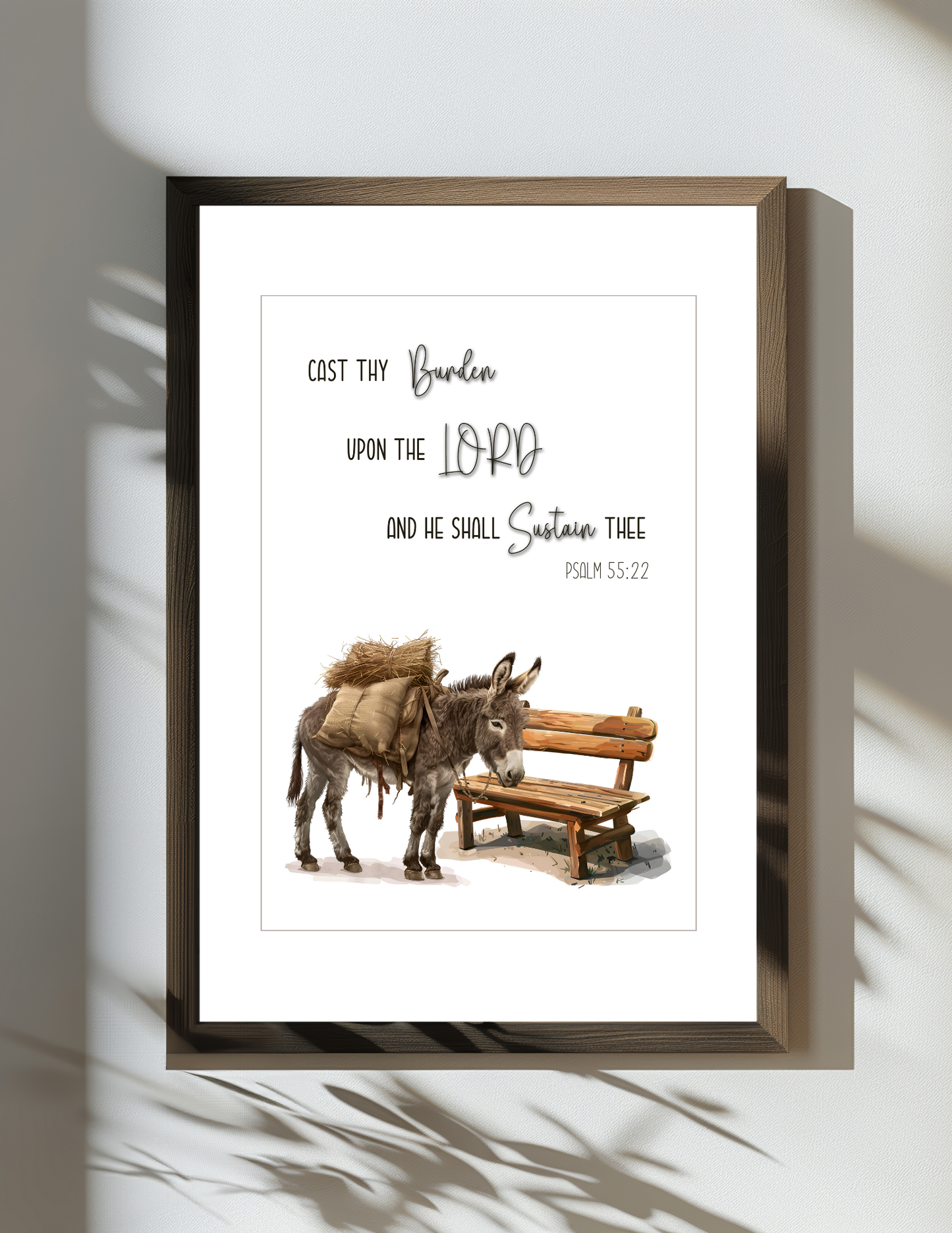 Psalm 55:22 Wall Art Cast Thy Burden Upon the Lord and He Shall Sustain Thee Rustic Donkey Bench