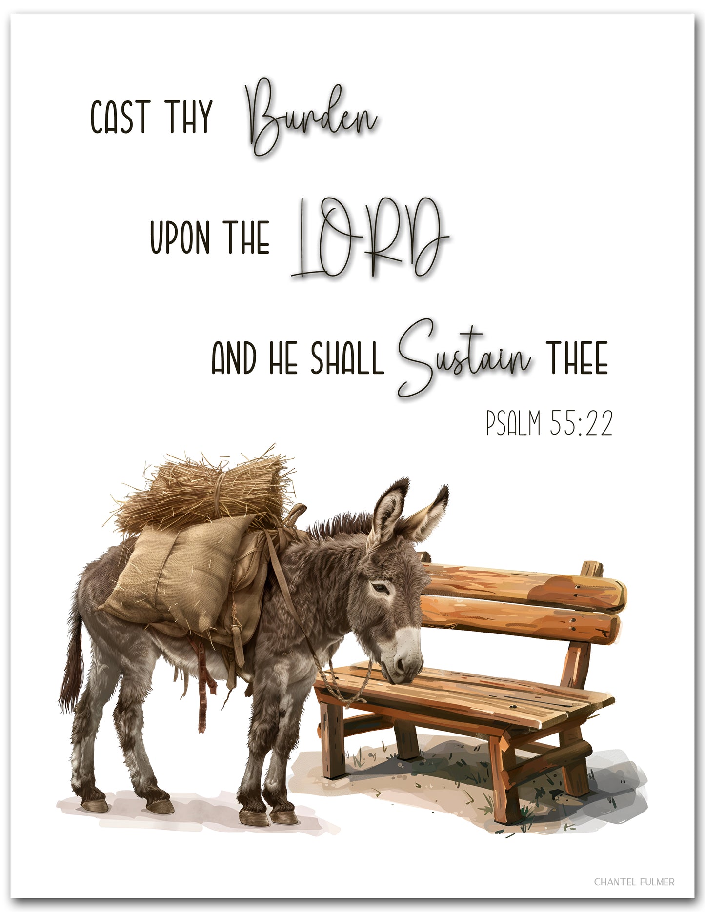 Psalm 55:22 Wall Art Cast Thy Burden Upon the Lord and He Shall Sustain Thee Rustic Donkey Bench