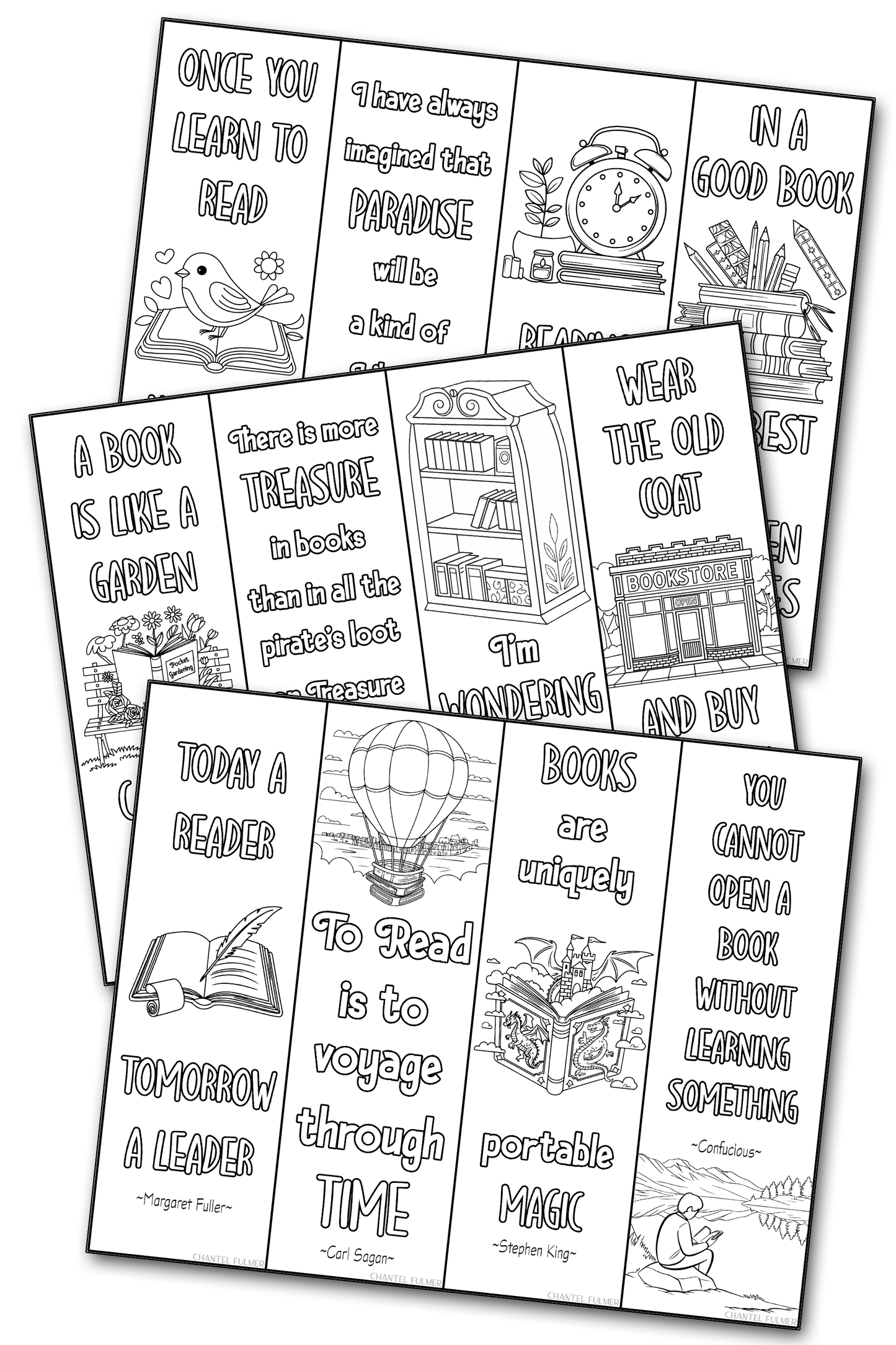 Coloring Bookmarks with literary quotes about books and reading