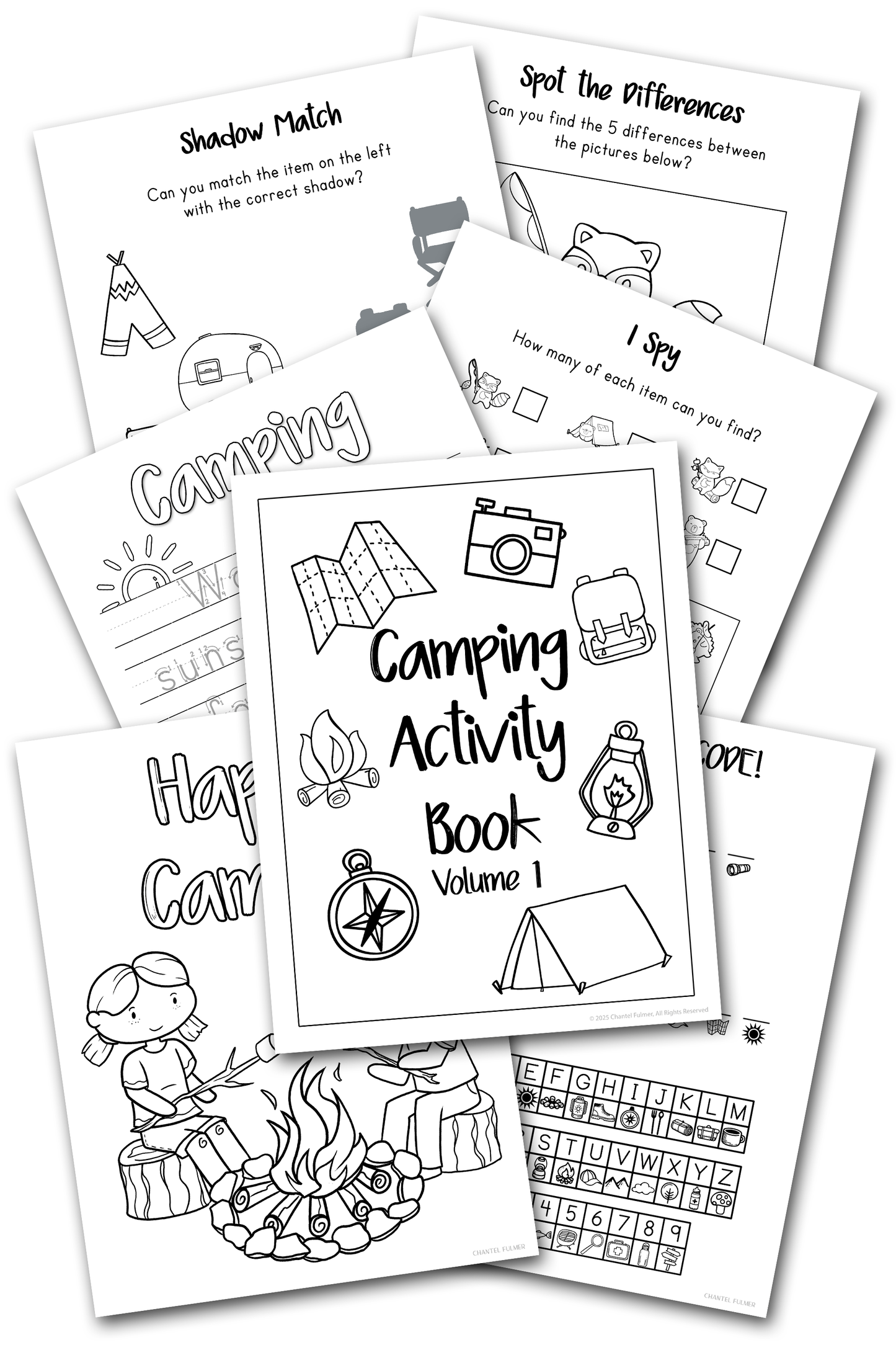 camping activity book for kids ages 5-10, coloring, cryptograms, handwriting practice, shadow matching, activity pages and more
