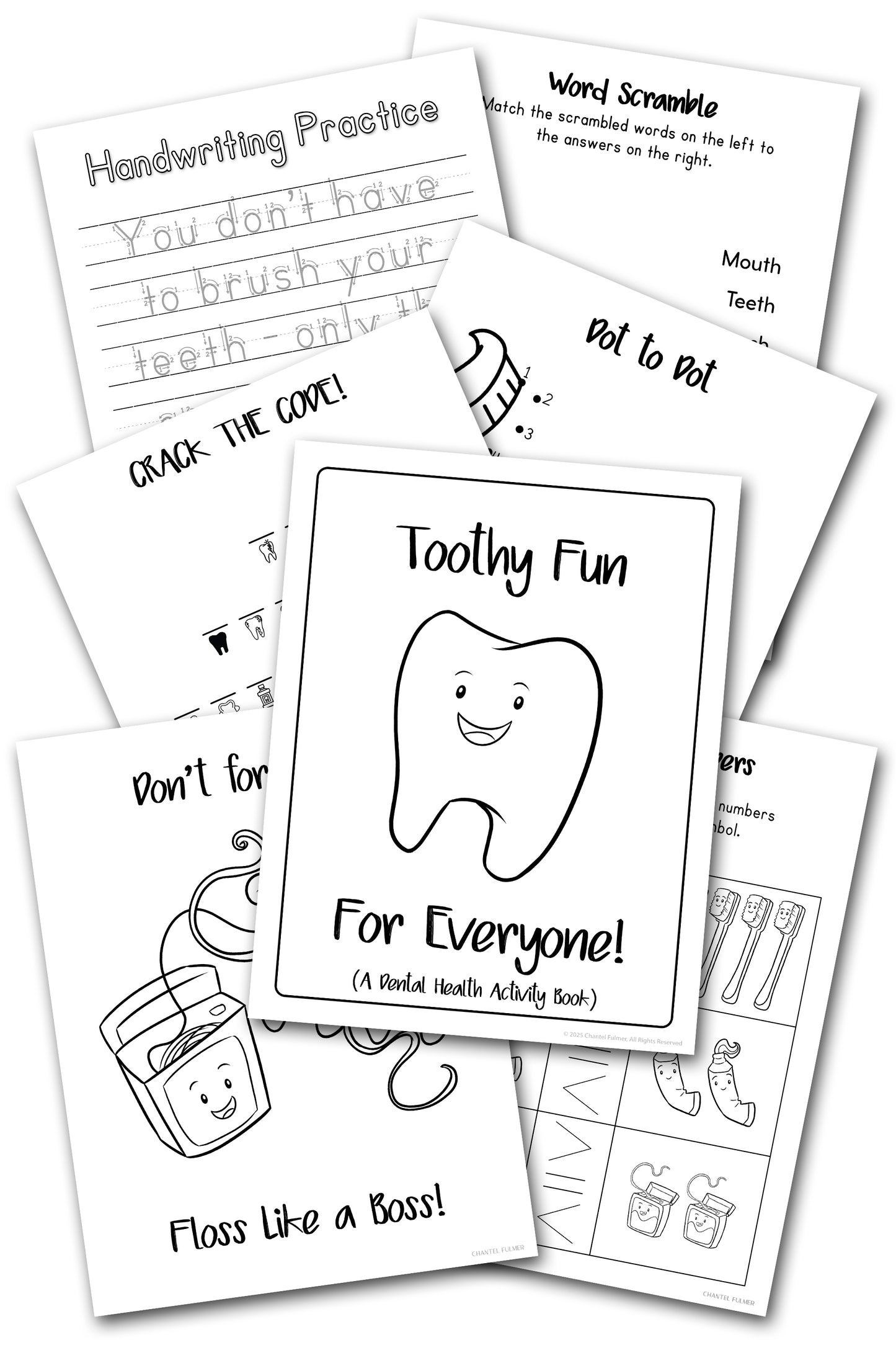 Toothy Fun Dental Health Activity Book for kids learn good dental habits, activity pages, mazes, handwriting practice printing and cursive, dot to dot, crack the code, coloring and more!