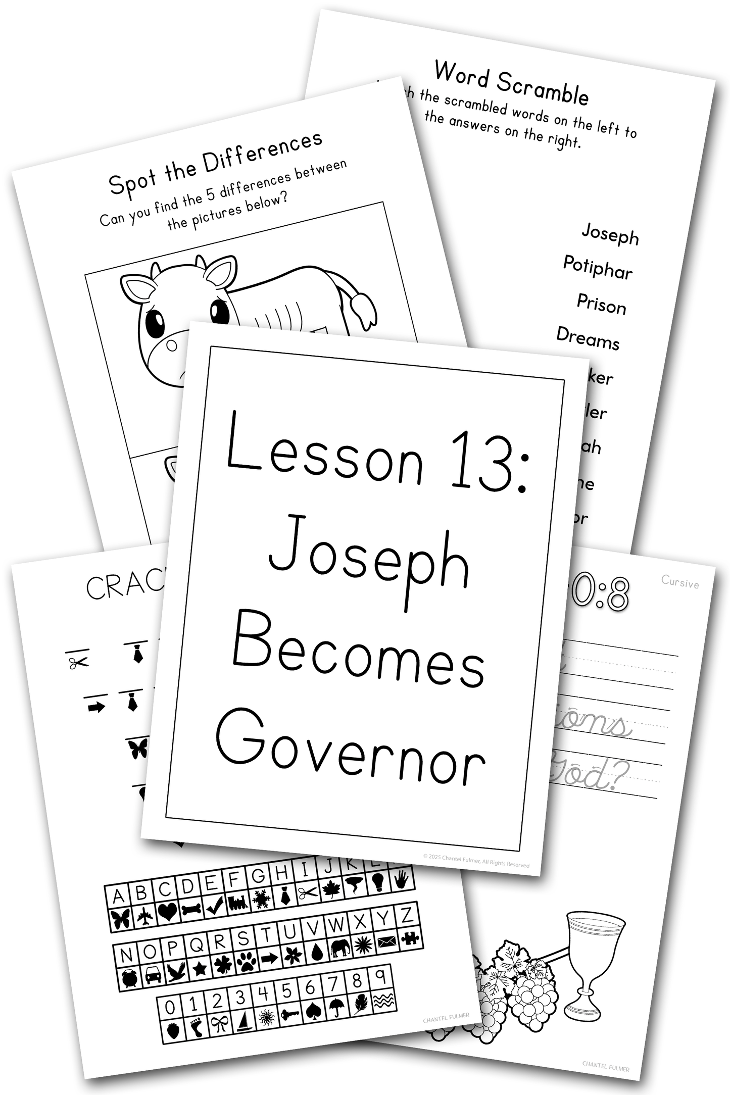 Joseph Becomes Governor of Egypt Sunday School Homeschool Activity pages for kids ages 3-12, kindergarten, grade 1 grade 2 grade 3 grade 4 handwriting, word scramble, cryptogram, cursive, right hand, left hand