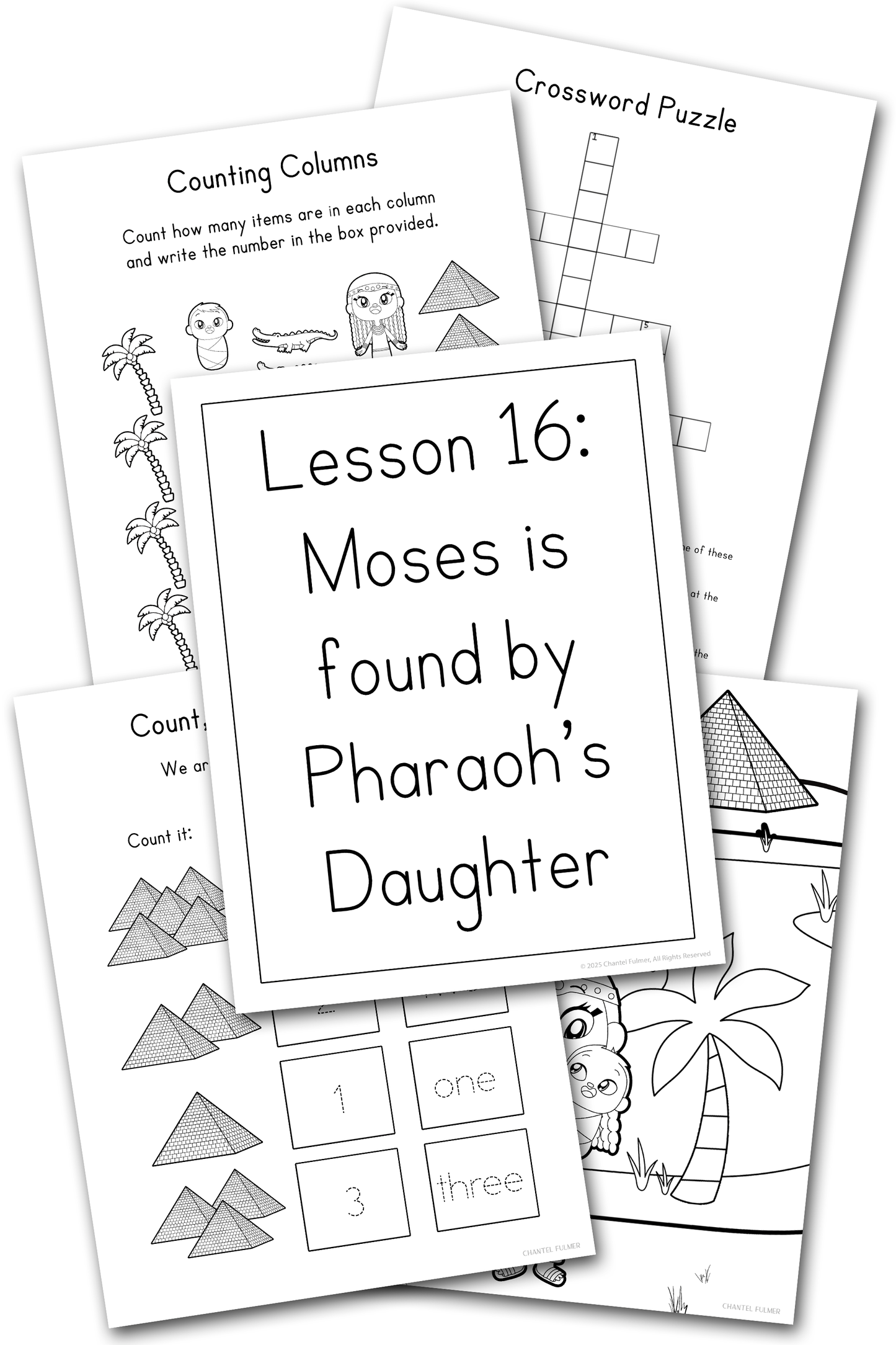 Sunday School Activity Pages on Baby Moses kindergarten preschool grade 1 grade 2 maze crossword handwriting math counting
