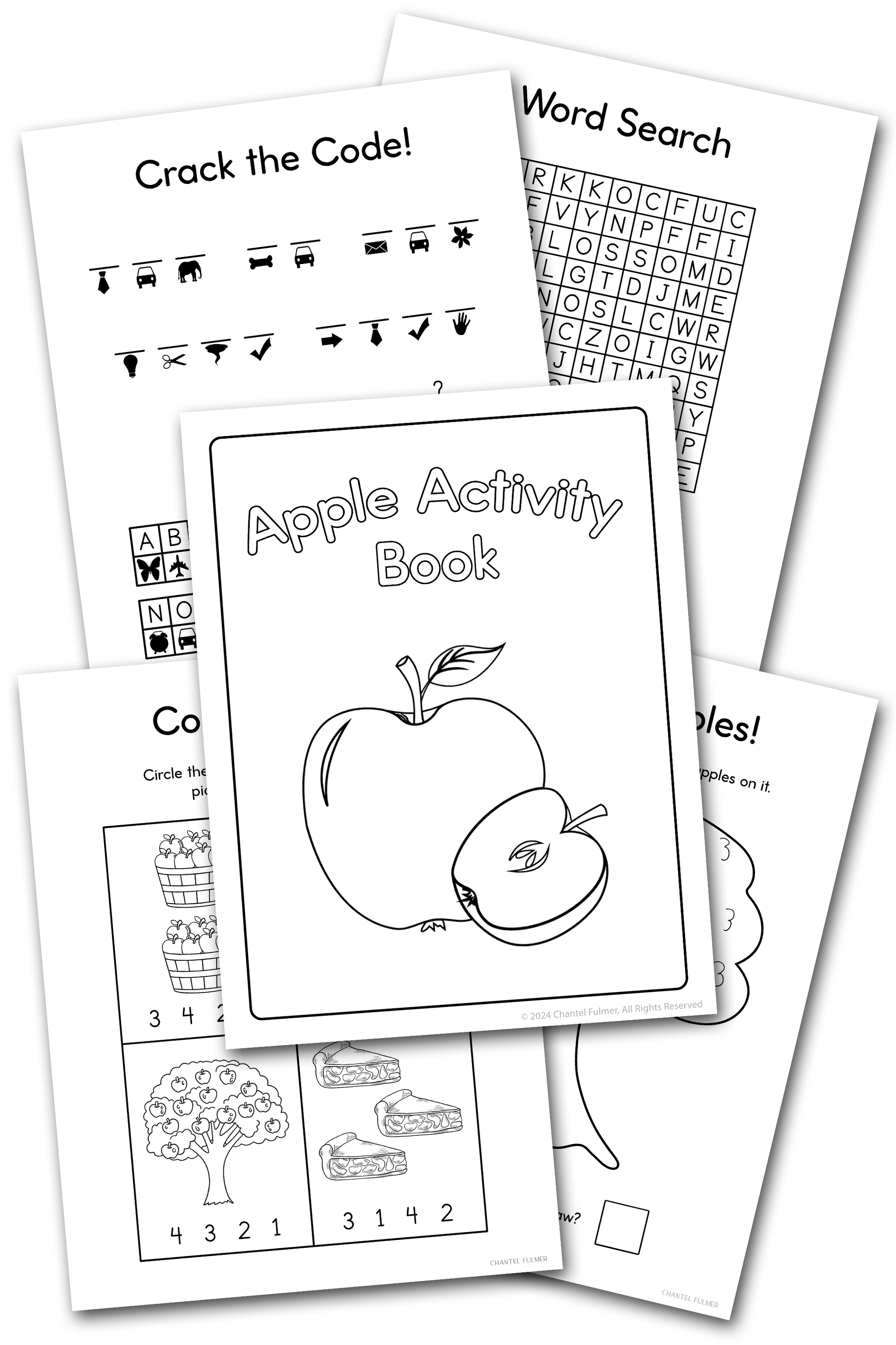 Apple Activity Book puzzles, mazes, counting, kindergarten, grade 1 printable learning