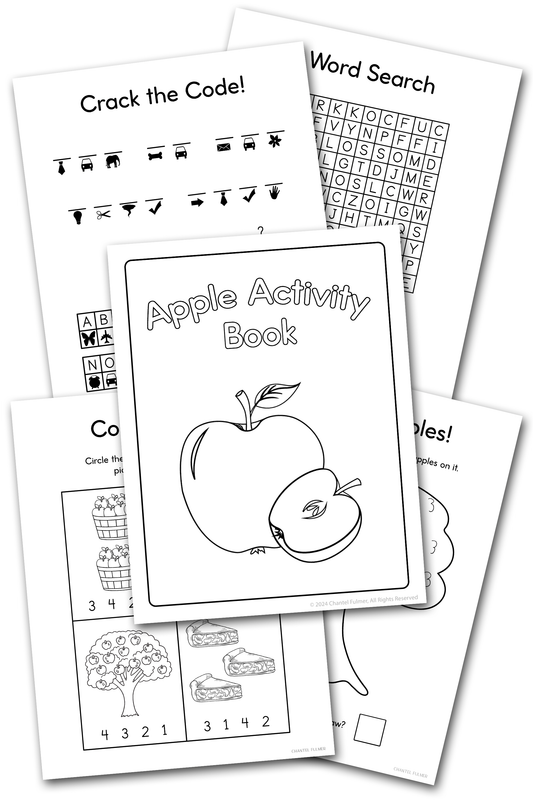 Apple Activity Book puzzles, mazes, counting, kindergarten, grade 1 printable learning