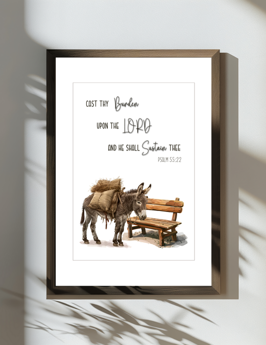 Psalm 55:22 Wall Art Cast Thy Burden Upon the Lord and He Shall Sustain Thee Rustic Donkey Bench