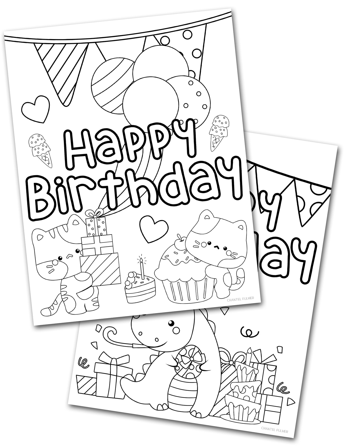 Cat and Dinosaur Happy Birthday Coloring Pages for Kids