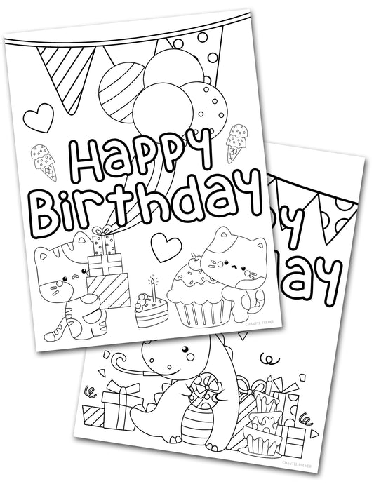 Cat and Dinosaur Happy Birthday Coloring Pages for Kids