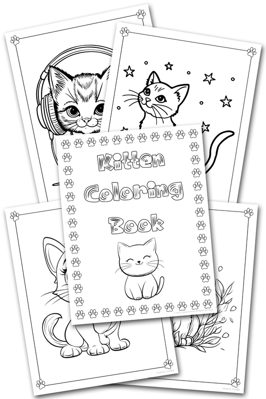 Coloring book pages, printable, with cat illustrations and Kitten Coloring Book text