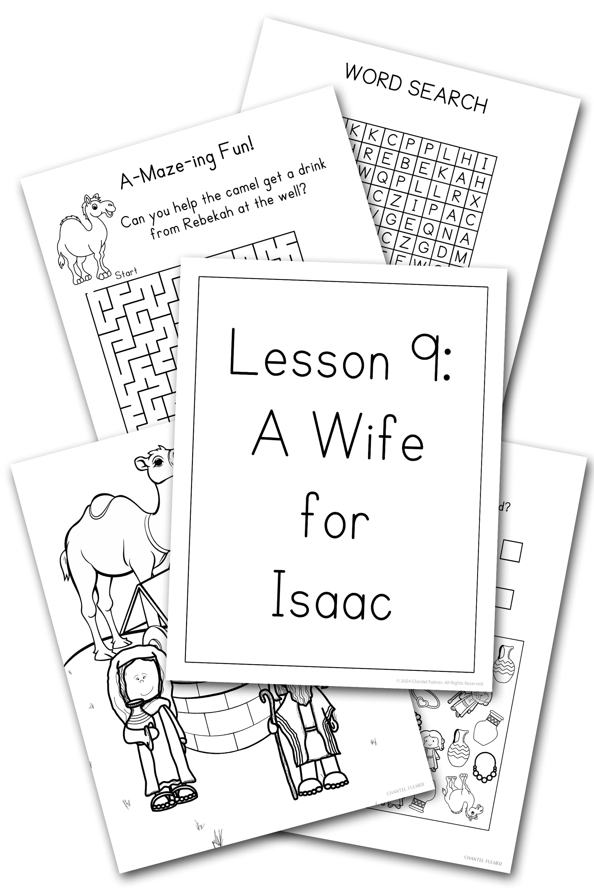 A Wife for Isaac Activity book coloring page number recognition counting dot to dot I spy maze memory verse card shadow matching wordsearch word search solutions answers