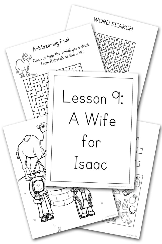 A Wife for Isaac Activity book coloring page number recognition counting dot to dot I spy maze memory verse card shadow matching wordsearch word search solutions answers