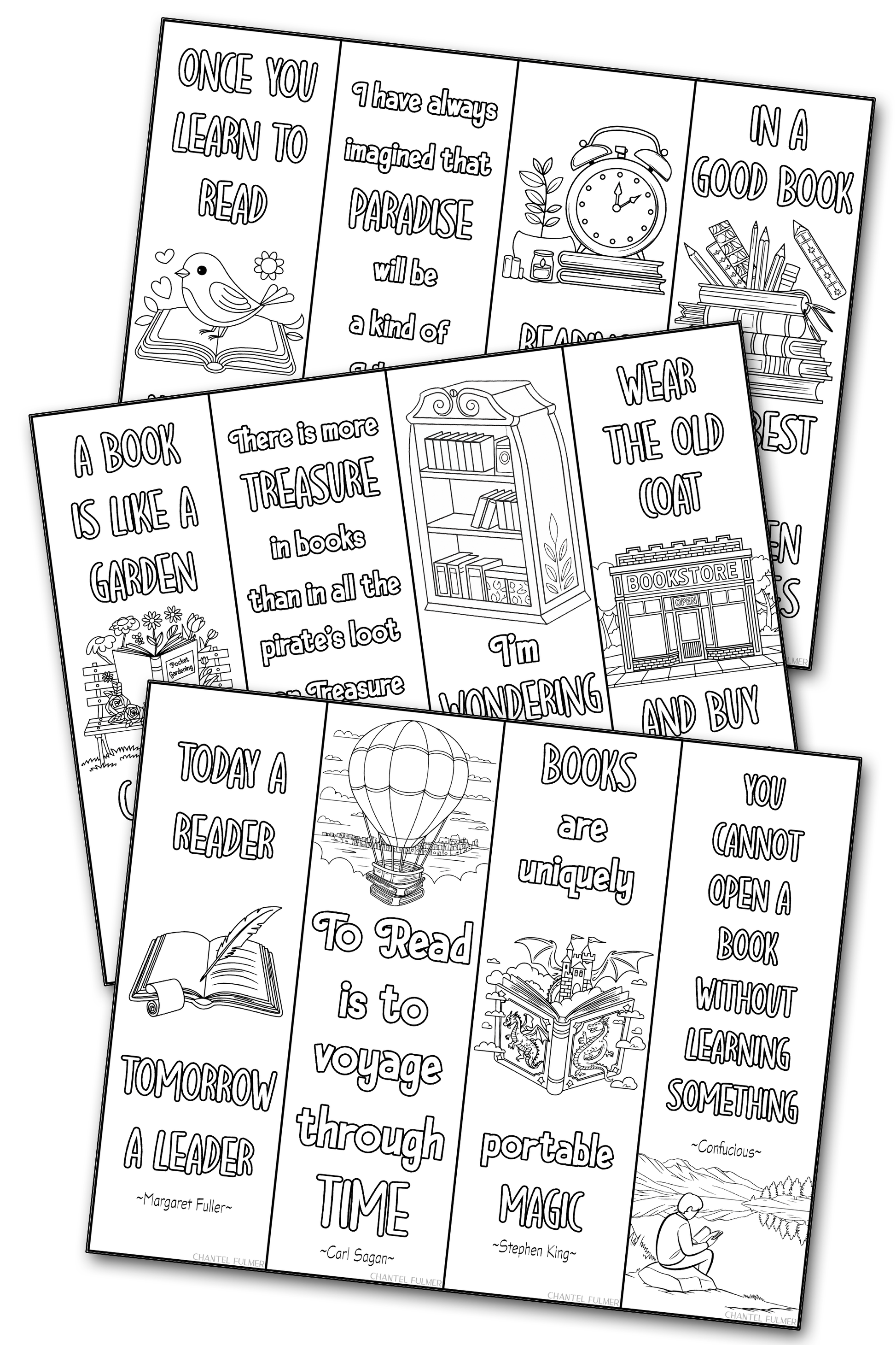 Coloring Bookmarks with literary quotes about books and reading