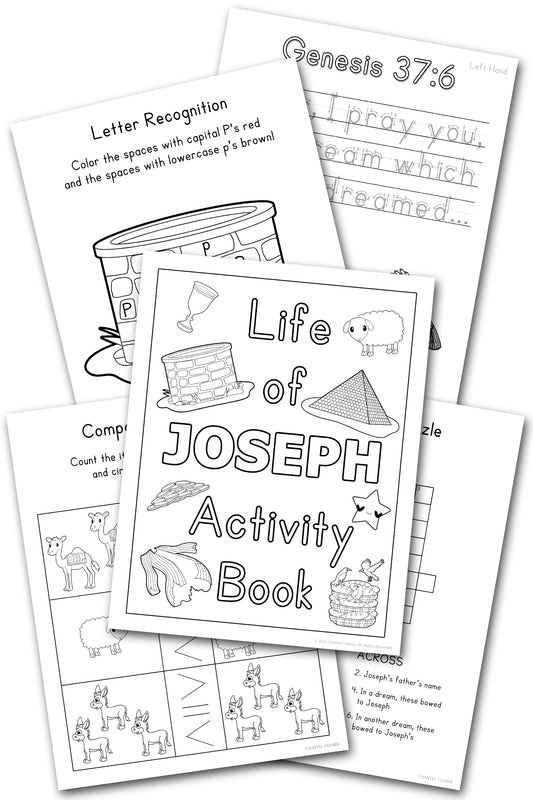 Life of Joseph Activity Book Ages 5-8 grade 1-4 coloring pages crosswords handwriting practice letter recognition mazes cryptograms and more