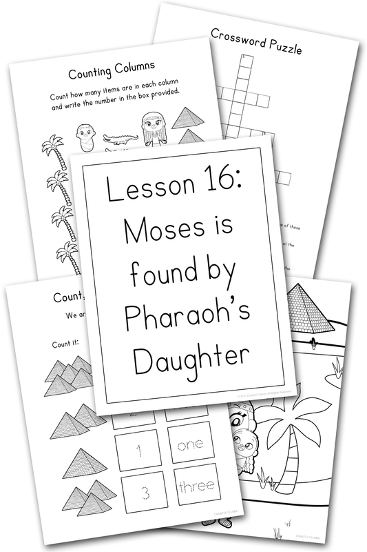 Sunday School Activity Pages on Baby Moses kindergarten preschool grade 1 grade 2 maze crossword handwriting math counting